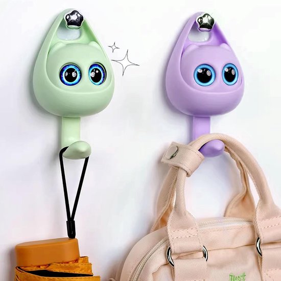 3 stuks oogknipperende kattenhaken, kattenhaken, dierenhaken, zelfklevende sleutelhaken, garderobehaken voor kinderen, mantel, sjaal, muts, handdoek, sleutel (roze, paars, groen)