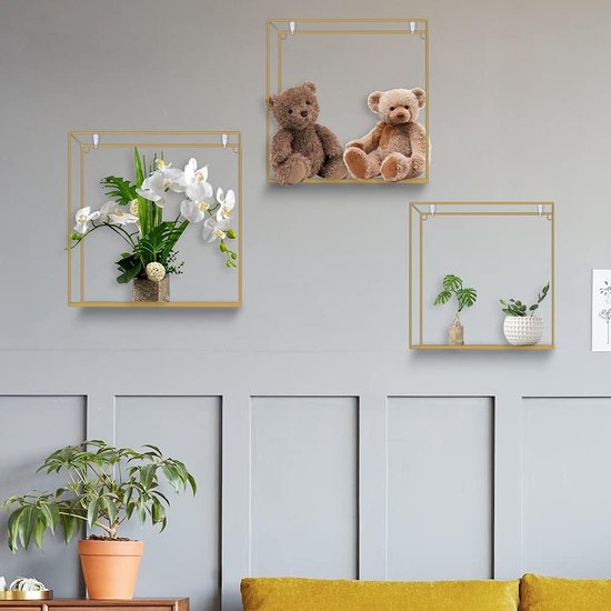 Set van 3 metalen wandplanken, Europees geometrisch lijndesign, wandrek met houten planken, industrieel design, zwart/goud, zwevend rek voor slaapkamer, woonkamer, hal (goud)