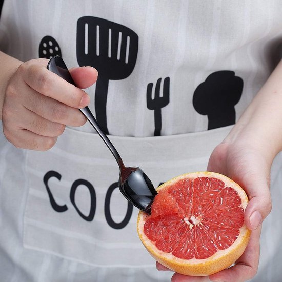 Zwarte grapefruitlepels, 5-delige set, 4 roestvrijstalen grapefruitlepels en 1 grapefruitmes met titaniumcoating, grapefruitbestek, lepel met gekartelde randen, 5 stuks (zwart)