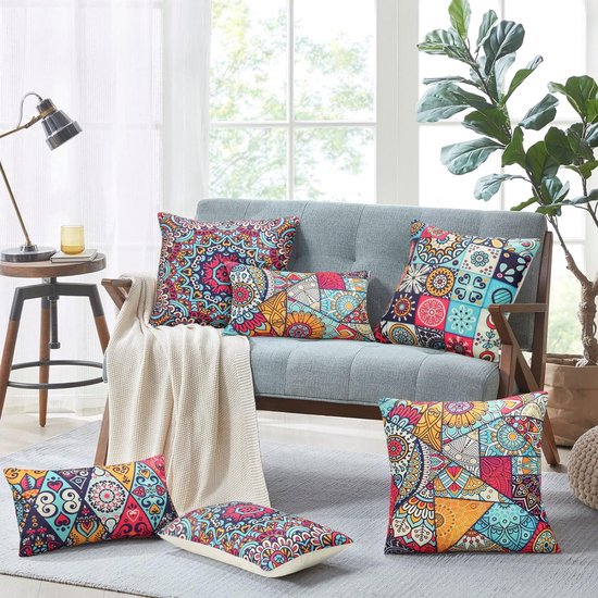Waterdichte lendenkussenovertrekken voor de bank, set van 4, sierkussenovertrekken, abstract, Boheemse geometrie, linnen, decoratieve rechthoekige kussensloop, bankovertrek, vintage wooncultuur