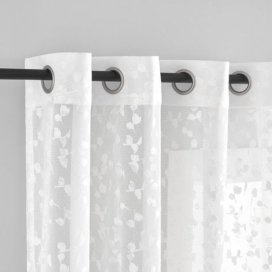 White Semi-Transparent Lace Curtain, Modern Embroidery Curtains with Eyelets, Crochet Knitting Curtain with Leaf Pattern for Living Room, Farmhouse, Bedroom, 2 Pieces, W 140 x H 180 cm