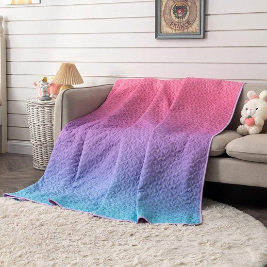 Roze gewatteerde deken, eenpersoons spreien, gradiënt blauw roze beddengoed sets voor meisjes, hartvormige deken het hele seizoen voor tienermeisjes en vrouwen, 150x200 cm