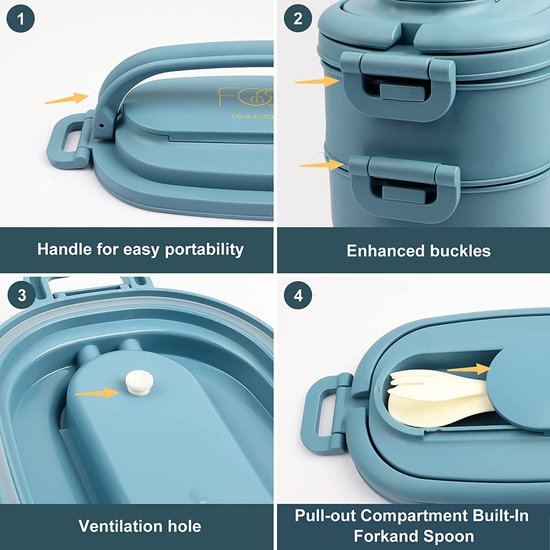 2-laags lunchbox: 1550ml lunchbox met 3 vakken - met bestek - plastic BPA-vrije lunchbox voor volwassenen en heren - lekvrije vakken bentobox magnetronbestendige verwarming