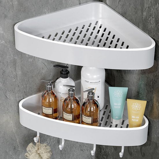 Set van 2 doucheplanken zonder boren, zelfklevende doucheplank, kunststof badkamerorganizer, hoekplank, doucheplank, hoekdoucheplank, badkamerplank, badkamerplank, douchemand voor badkamer en keuken, wit