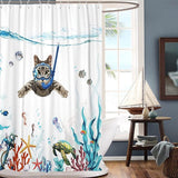 Shower Curtain Diving Cat Ocean Print Turtle Fish Starfish Waterproof Bath Curtain Durable Polyester 180 x 180 cm Modern Bathroom Decoration Accessories Comes with 12 Shower Curtain Rings