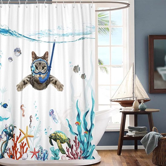 Shower Curtain Diving Cat Ocean Print Turtle Fish Starfish Waterproof Bath Curtain Durable Polyester 180 x 180 cm Modern Bathroom Decoration Accessories Comes with 12 Shower Curtain Rings