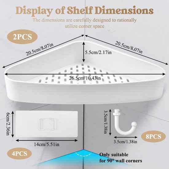 Set van 2 doucheplanken zonder boren, zelfklevende doucheplank, kunststof badkamerorganizer, hoekplank, doucheplank, hoekdoucheplank, badkamerplank, badkamerplank, douchemand voor badkamer en keuken, wit