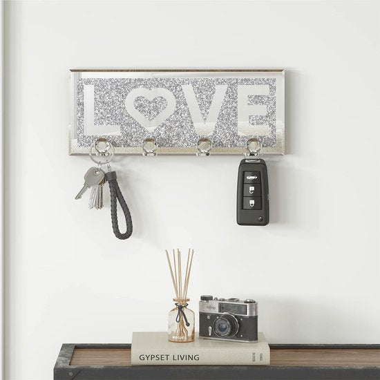 Home Sleutelhouder Zilver met 4 Kristallen Haken, Gespiegelde Sleutelopslag, Sleutelhaak Modern, Sleutelhouder Muur, Wanddecoratie, Hal