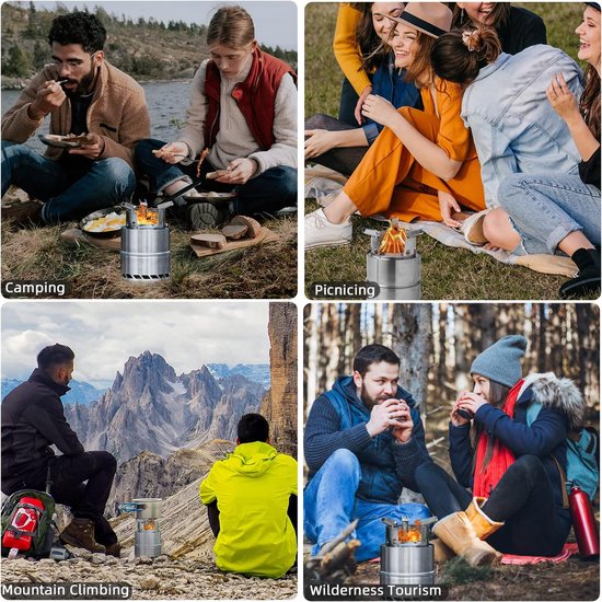 Outdoor kooktoestel, draagbaar kooktoestel, houtkachel draagbaar, campingkooktoestel, outdoor, houtcarburateur, inklapbaar en winddicht, van roestvrij staal, voor camping, barbecue, picknick, outdoor backpacking