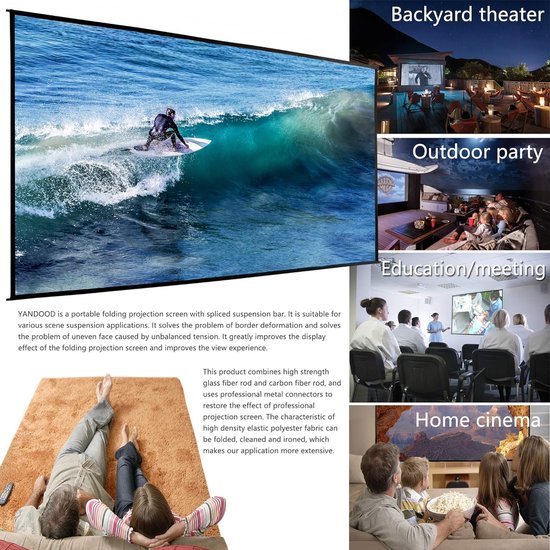 Opvouwbaar projectiescherm van 305 cm met verbeterd gecombineerd staafframe, kreukvrij, dubbelzijdig 16:9 HD 4K-canvas.