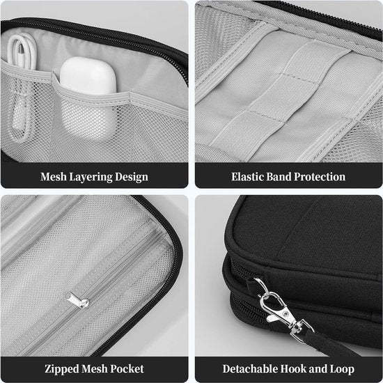 reisaccessoires organizertas, waterdichte reiskabelorganizer dubbellaags reiselektronica-accessoires voor USB-powerbank, kabel, SD-kaart (zwart)