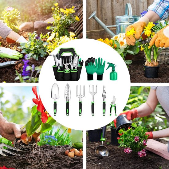 Tuingereedschapsset, 9-delige roestbestendige tuingereedschapsset met opbergtas, tuinset, handgereedschap, geschenkkit, hoogwaardig tuingereedschap, ideaal tuincadeau voor vrouwen en mannen