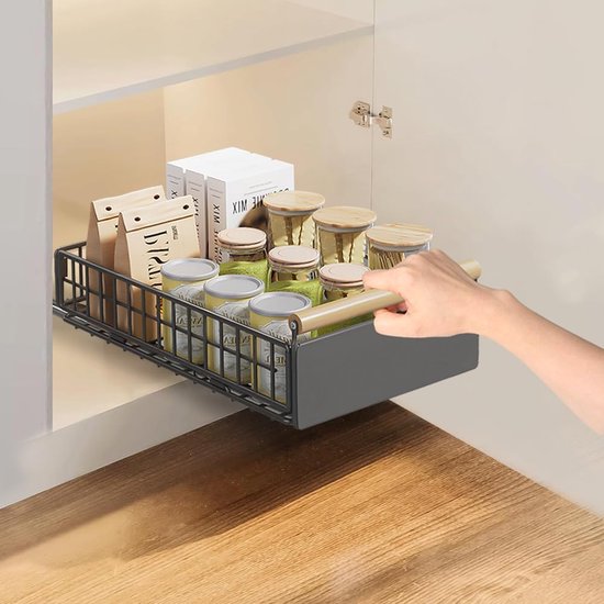 telescopische lade, mand uittrekbare keukenkastorganizer met handvat, uitschuifbare kastorganizer keuken, 23,5 cm B x 39,5 cm D x 9 cm H, bruin