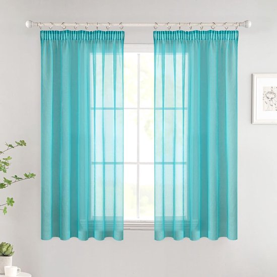 Gordijnen met ruchesband, korte voile raamgordijnen, woonkamer, transparante vitrages, winkelgordijn, slaapkamer, moderne lusgordijnen, set van 2, 140 x 225 cm (b x h), turkoois