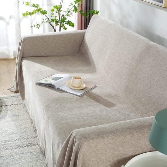 Bankspreideken voor 2/3/4 zitplaatsen, bankspreideken, banksprei, katoen, wasbaar, antislip, vuilafstotend, kussen, bankdeken, naadloos met kwastjes (180 x 260 cm, kaki)