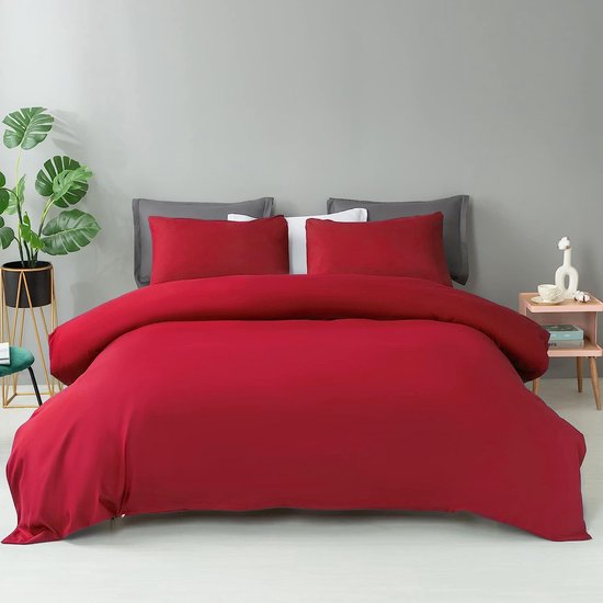 Rood dekbedovertrek 200 x 200 cm, 3 stuks, 100% witte microvezel, lichte vaste kleur, winter beddengoedset met hoekbindingen en ritssluiting, bevat 1 dekbedovertrek en 2 kussenslopen