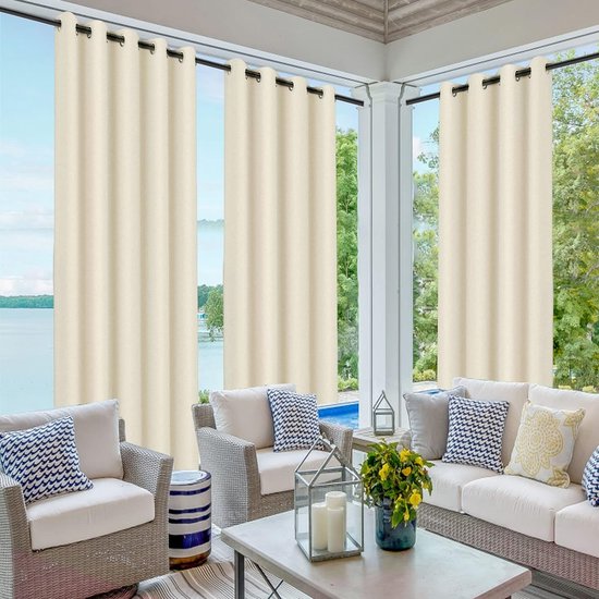 Buitengordijnen, waterdicht verduisteringsgordijn met oogjes, buitengordijnen met UV-bescherming, winddicht, ondoorzichtig voor paviljoen, balkon, tuin, terras (beige, set van 2 / 132 x 213 cm)