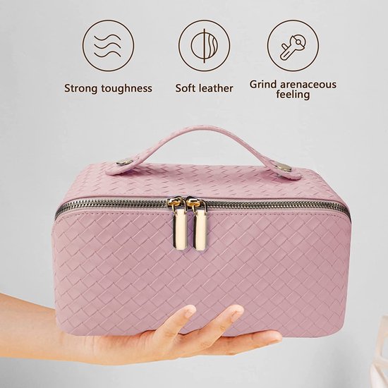 Draagbare make-uptas, reis-cosmeticatas voor dames, multifunctionele lederen make-uptas, make-up tas met grote inhoud, cosmeticatas organizer, vlechten serie, roze 2, morden