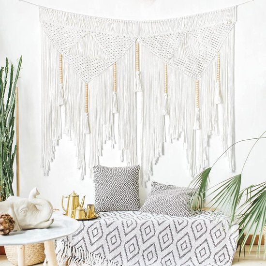 d Groot macramé wandtapijt, boho geweven wandtapijt met houten kralen, Boheemse kwastjes, wandtapijt, esthetisch, wanddecoratie, gordijn voor slaapkamer en woonkamer, 115 x 97,5 cm