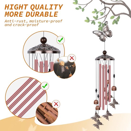 Windgong voor buiten, windgong vlinders aluminium buis met S-haken, windgong om buiten op te hangen - patio tuindecoratie windgong cadeaus voor moeder vrouw dochter vriendin