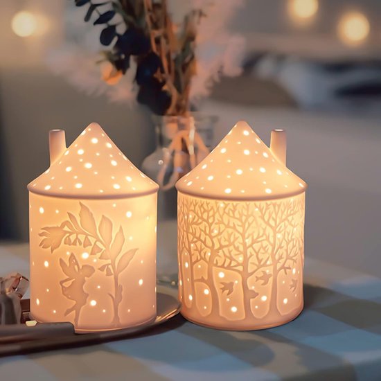 Theelicht kaarsenhouder kaarsenhouder, lichthuis theelichthuis klein huis keramische kaarsenhouder kaars hartstuk decoraties voor woonkamer slaapkamer bruiloft housewarming party (bos)