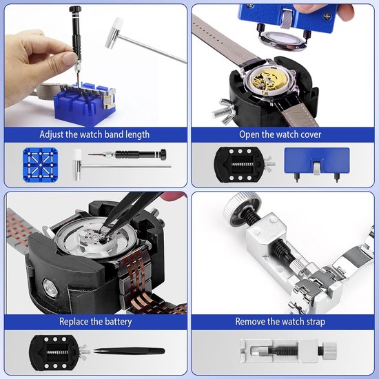 Professionele 73-delige horlogemakersset voor horlogereparatie en batterijwissel, inclusief tas, schroevendraaier, hamer, pincet, hefboomgereedschap, scalpel, standaard, oren, horlogeopener,