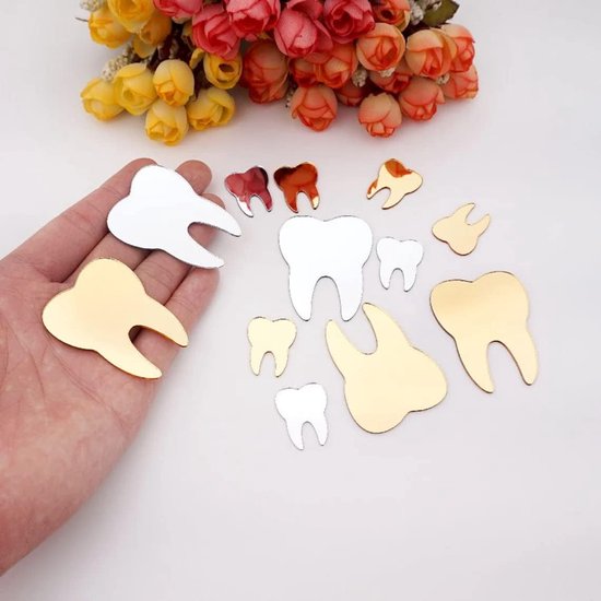 50 stuks DIY tandvorm wandspiegel stickers, tandverzorging gespiegeld tandheelkundige stickers voor tandarts, kliniek, feest, decoratie (5 cm, gouden spiegel)