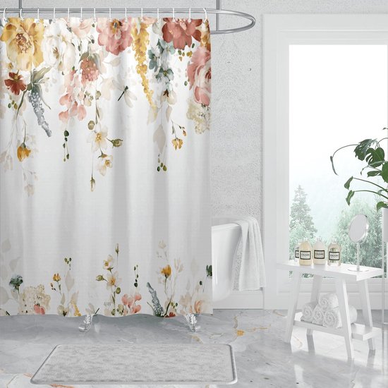 Douchegordijn warme bloemen in roze rood geel en meer zachte groene planten met libellen elegante donkergroene bloemen ontspannend douchegordijn van 100% waterdicht polyester 180x200cm