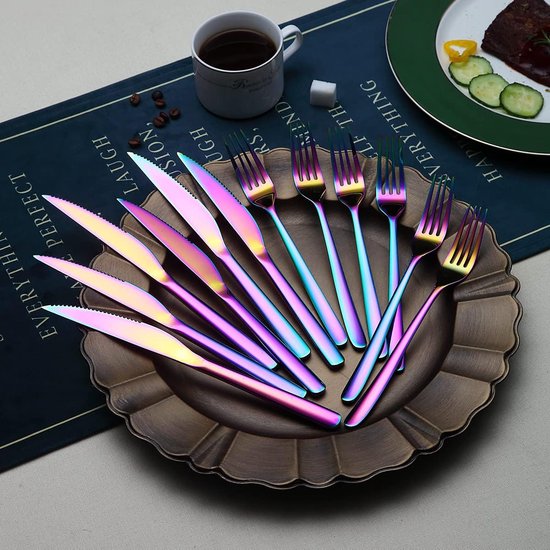 Bestekset, 12-delig, premium roestvrij staal, 6 tafelvorken en 6 tafelmessen, steakvorken voor 6 personen, vaatwasmachinebestendig (glanzend bont)