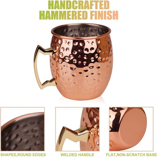 Moscow Mule koperen bekers: set van 4 bevat 4 x bekers van 550 ml, 4 rietjes in geschenkdoos, geweldig voor cocktail, gekoelde dranken, 100% koperen accessoires