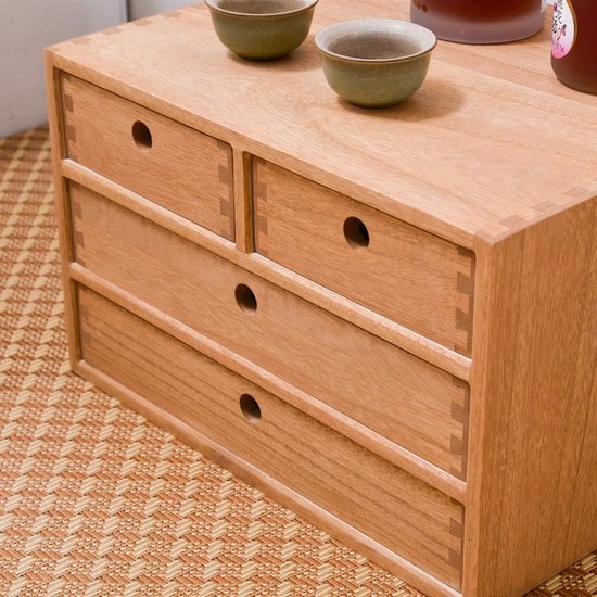 Houten bureau-organizer met schuifladen, voor thuiswerkplek, kantoorbenodigdheden, houten opbergbox, plankkast, houder, make-upkast met 4 laden, naturel