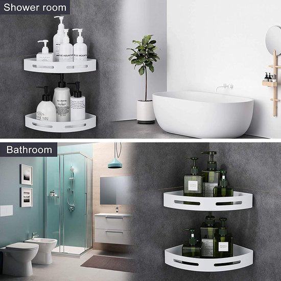 Hoomtaook doucheplank hoekplank douchemand douchebakken zonder boren voor badkamer, space aluminium, matte afwerking, badkamerplank, 2 stuks zwart