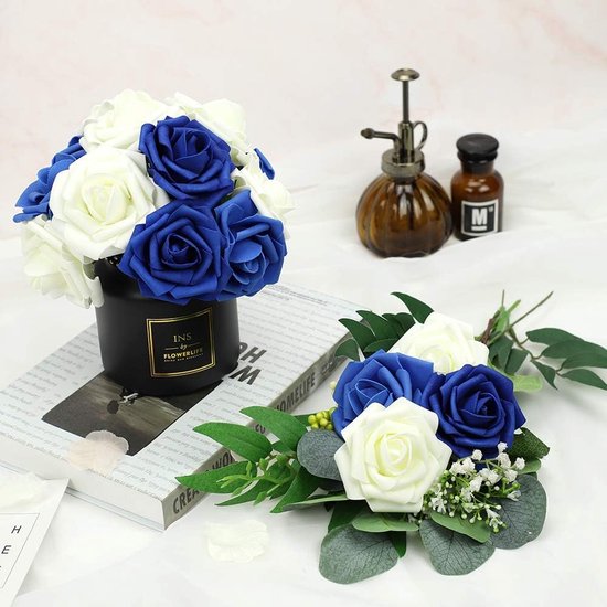 Artificial flowers, roses, 25 pieces of fake roses with stems, do-it-yourself, wedding, bouquets, bride, home decoration, ivory & blue.