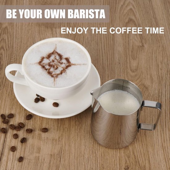 Melkkannetje roestvrij staal, 350 ml 600 ml melkkan met latte art pen, melkschuimkannetje, melk, voor espresson, cappuccino en laté, koffie barista accessoires, zilver