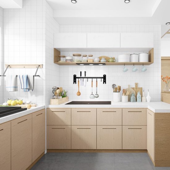 40 cm keukenhouder met 6 afneembare haken, aluminium messenhouder en potdekselhouder - keukenhulplijst - zwart