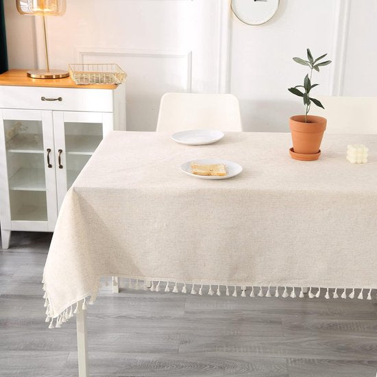 Beige tafelkleed, linnen, rechthoekig, afwasbaar, keukentafelkleed voor verjaardag, feest, bruiloft, met kwastjes, tafellinnen, voor salontafel, tuintafel, 100 x 140 cm