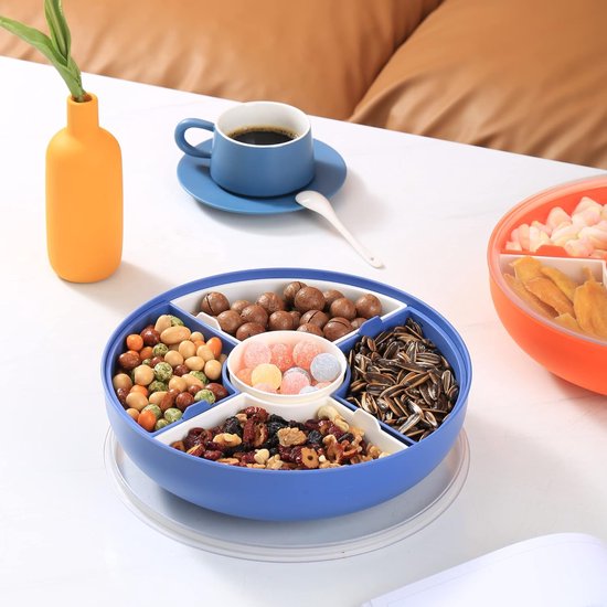 Set van 2 plastic snoep- en notenserveercontainers met deksels 29 cm verdeeld 5 compartimenten Snackkommen Dienblad Aperitiefbakje voor voedselopslag