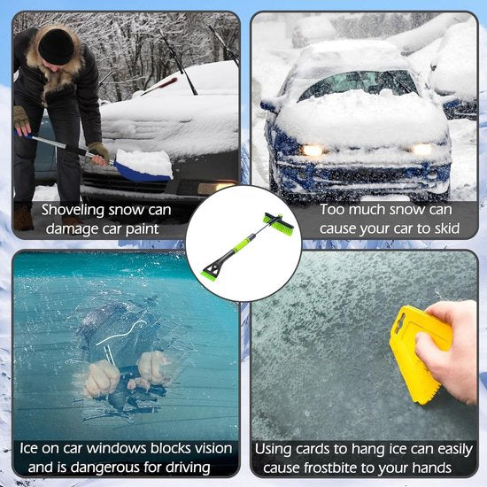 IJskrabber met bezem, 80 cm, 3-in-1 auto reinigingsborstel, sneeuwborstel met 360 graden borstelkop, sneeuwborstel met schuimrubberen handgreep voor auto's, vrachtwagens, SUV's
