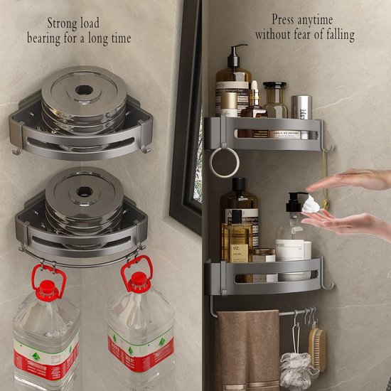 Shower Shelf No Drilling, Shower Shelf Corner Bathroom Accessories with 4 Hooks, Aluminium Shower Shelf, Bathroom Shelf, No Drilling for Kitchen, Bathroom, Shower Basket for Hanging, Pack of 2
