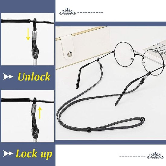 Brilband, 4 stuks, PU-lederen brilketting, brilkoord, verstelbaar, zonnebrilband, zonnebrilhouder, brilhouder voor dames en heren, zwart