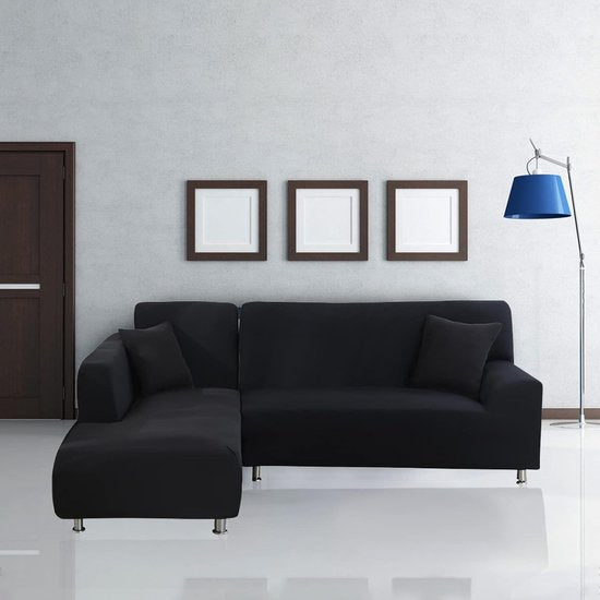 Bankhoes, elastisch, spandex, stretch, bankovertrek voor L-vorm, universeel, wasbaar, antislip, 2-zits + 3-zits, zwart