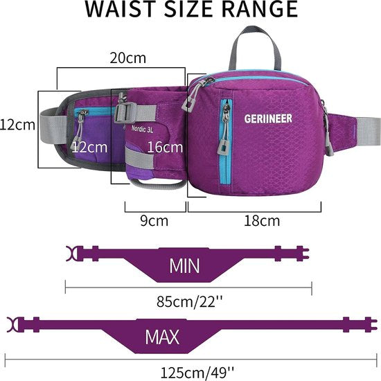 Waterdichte heuptas, heuptas met flessenhouder, voor dames en heren, geschikt voor reizen, sport, hardlopen en alle outdooractiviteiten, heuptas voor dames en heren, paars, 29cm*18cm*3.5cm