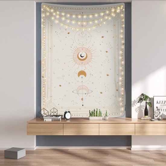 Maanfasen wandtapijt, mysterieuze sterrenhemel, tarotkaarten, wandtapijt, esthetische retro astrologie, muurkunst voor slaapkamer en woonkamer, beige, 210 x 150 cm