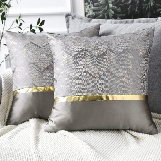 Set van 2 kussenslopen voor bank/auto/slaapkamer luxe moderne minimalistische gouden lederen stiksels, golvende streep decoratieve kussensloop 45 x 45 cm (zilver)