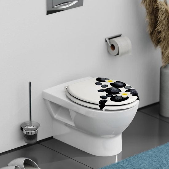 Stenen toiletbril met softclose-mechanisme, toiletbril met toiletdeksel, toiletdeksel met houten kern met motief (maximaal draagvermogen van de toiletbril: 175 kg), wit