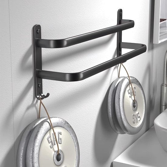 Handdoekhouder, zwart, aluminium, zonder boren, handdoekhouder, wandmontage, gastendoekhouder, badhanddoekhouder met 2 haken, handdoekhouder voor badkamer, keuken, toilet, 40 cm (2 lagen)