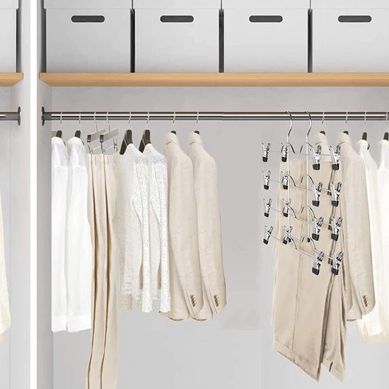 Kleerhangers organiser metaal, 3 stuks broekhangers ruimtebesparing, chroom ijzer kleerhangers, metalen kledinghangers, kledinghangers, kledinghangers, closet organiser met clips, voor broeken, tanktops, beha, pyjama's