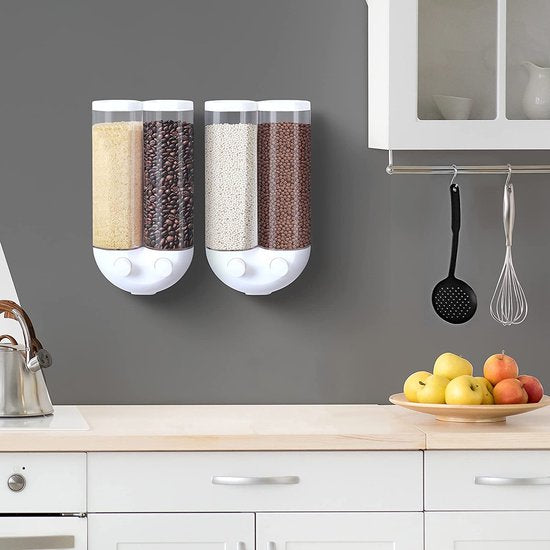 Rijstdispenser, dubbel 1 liter mueslidispenser om op te hangen voor drug levensmiddelen, granen, muesli, botten en waspoeder containers, voedselveilige plastic, container voor keuken en badkamer