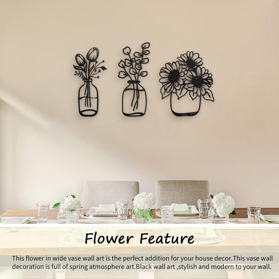 Set van 3 metalen bloemen wanddecoratie minimalistische vaas muurkunst zwarte tulp draadijzer decor bloemen wandsculptuur voor keuken badkamer woonkamer (5,6/6/9,9 inch)