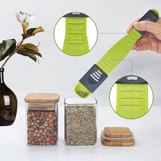 Voorraaddozen van glas, set van 10, 220 ml, kruidenpotjes, rechthoekig, houten deksel, voorraadpotten, glazen potten met deksel, klein, stapelbare opbergpotten, keuken voor specerijen, thee, suiker